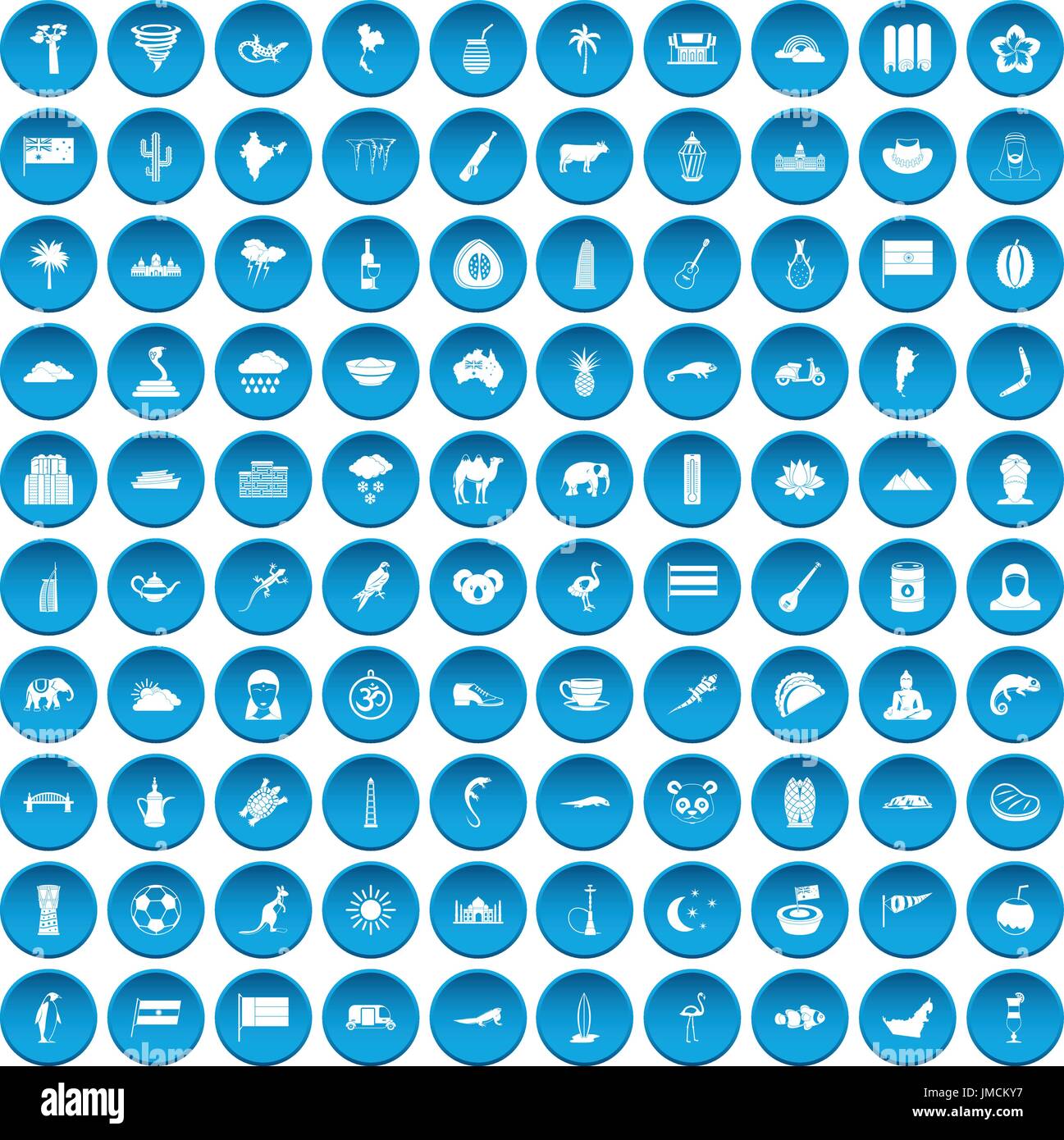100 exotic animals icons set blue Stock Vector