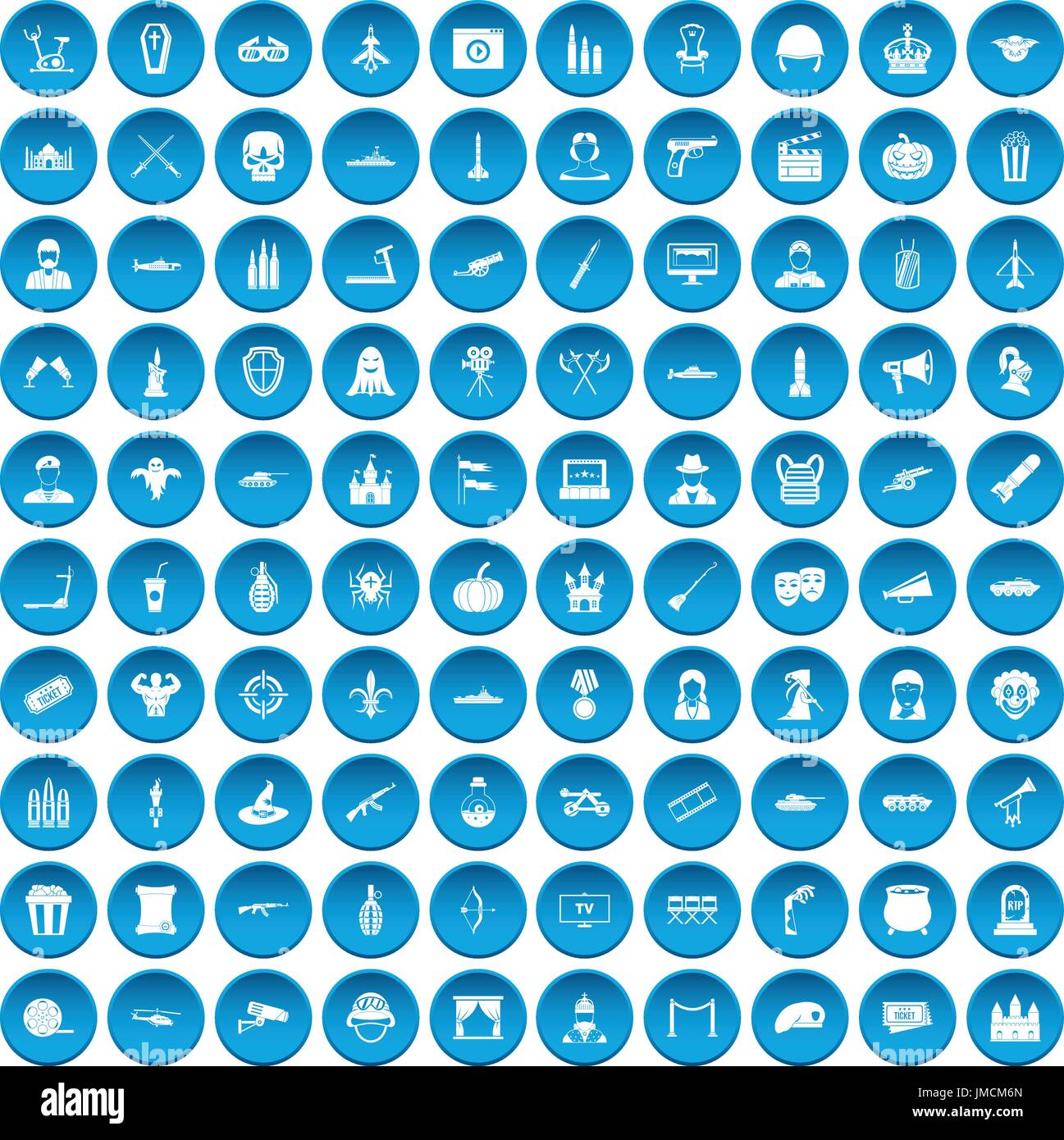 100 film icons set blue Stock Vector