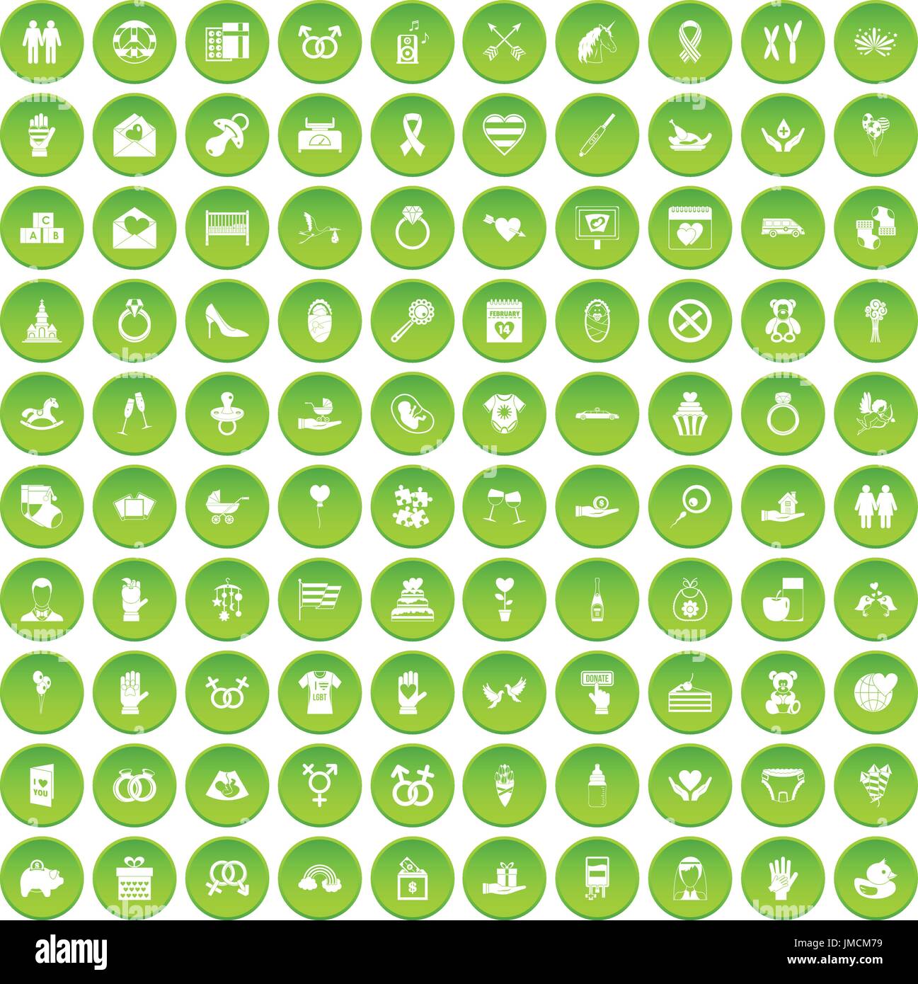 100 love icons set green Stock Vector