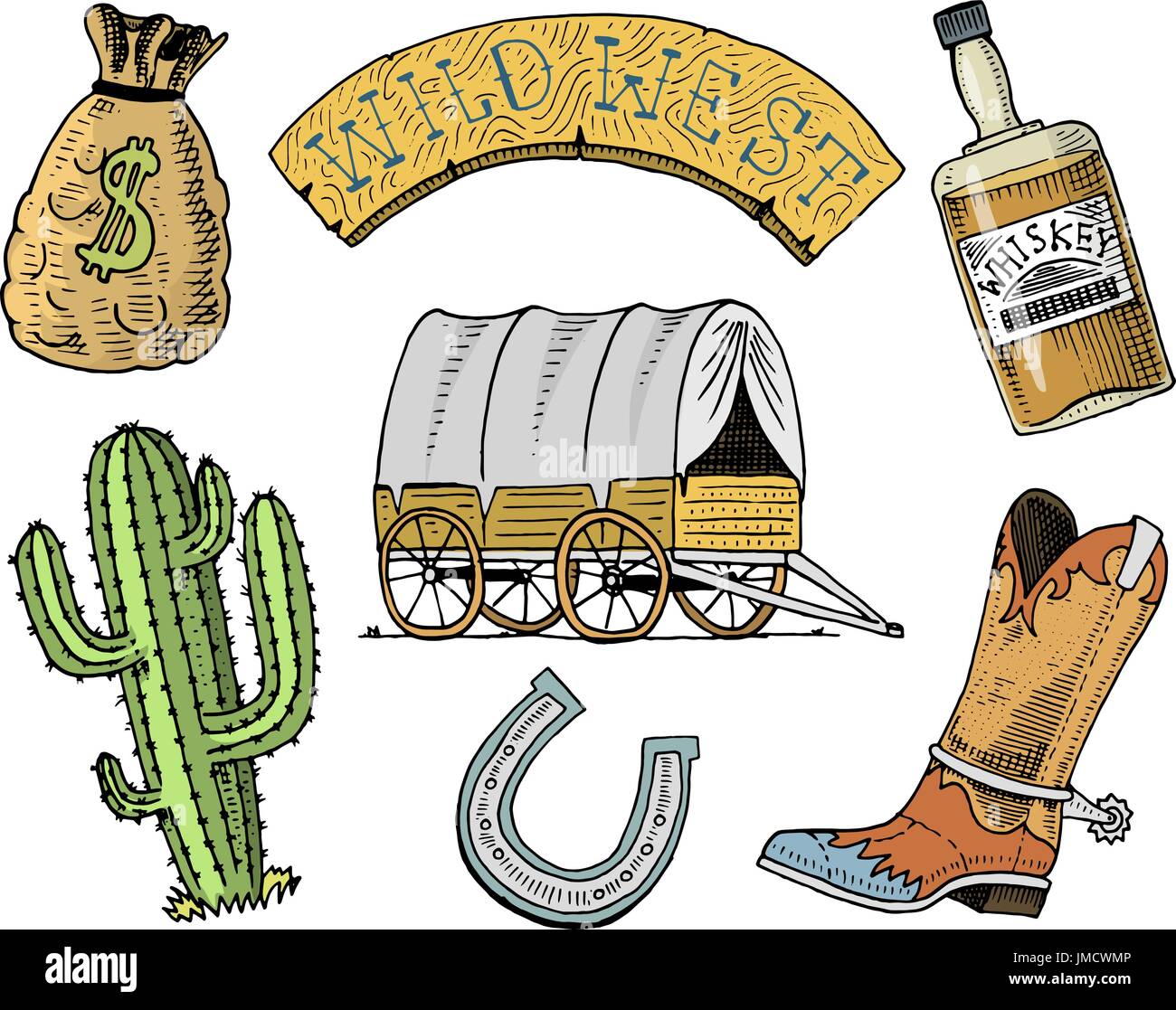 Wild west, rodeo show, sheriff, cowboy or indians. cart and wooden signboard, money bag, boot with horseshoe, whiskey and cactus. engraved hand drawn in old sketch or Monochrome and vintage style. Stock Vector