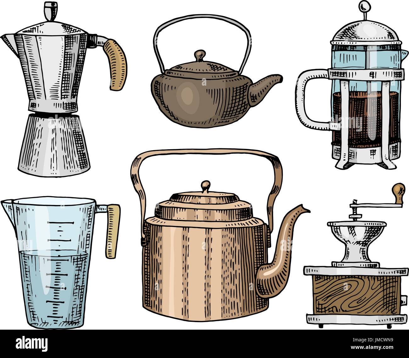 Coffee maker or grinder, french press, measuring capacity, Chinese teapot or kettle. Chef and kitchen utensils, cooking stuff for menu decoration. engraved hand drawn in old sketch, vintage style. Stock Vector