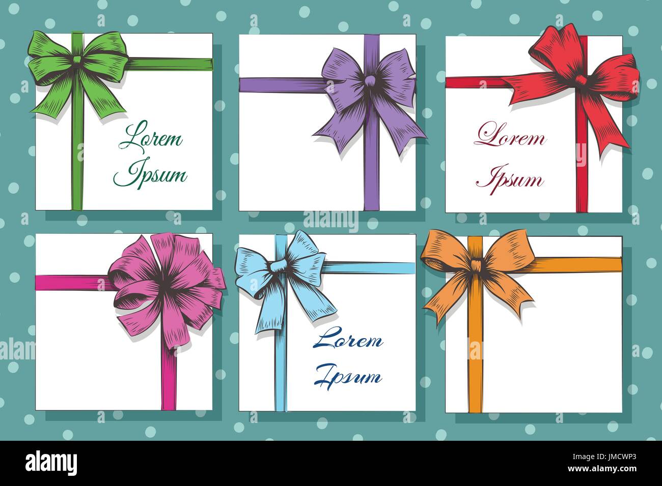 Set of Hand Drawn Cards With colorful Gift Bows And Ribbons. Vector