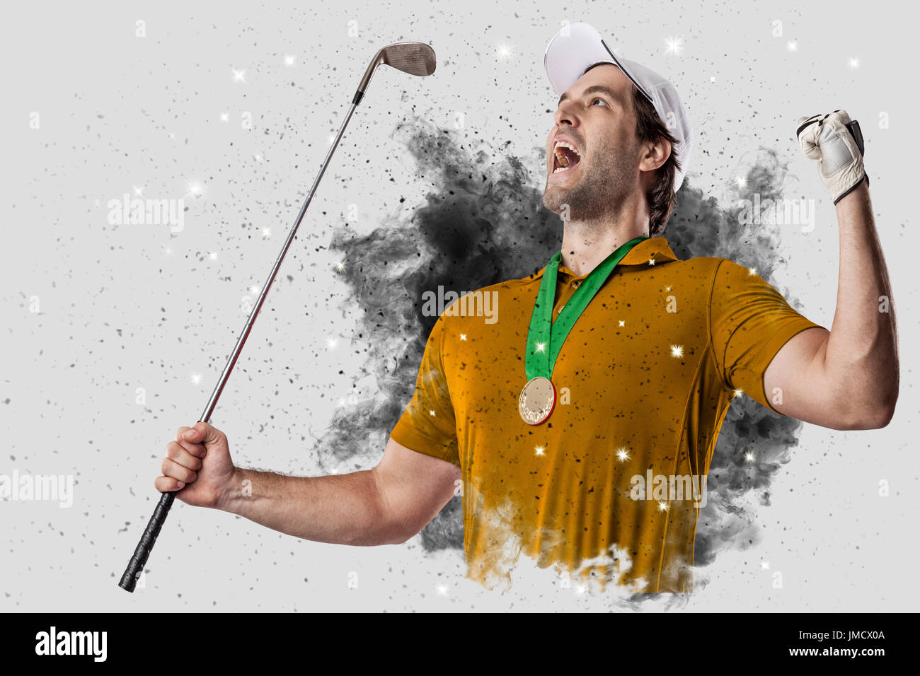 Golf Player with a orange uniform coming out of a blast of smoke . Stock Photo