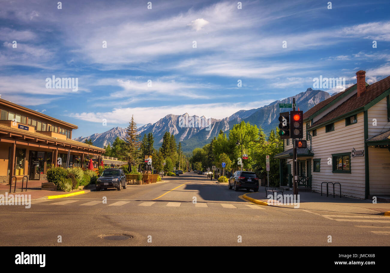 On the streets of Canmore in canadian Rocky Mountains. Stock Photo