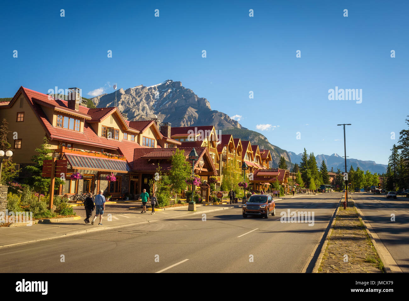Scenic street view of the Banff Avenue in a sunny summer day. Stock Photo