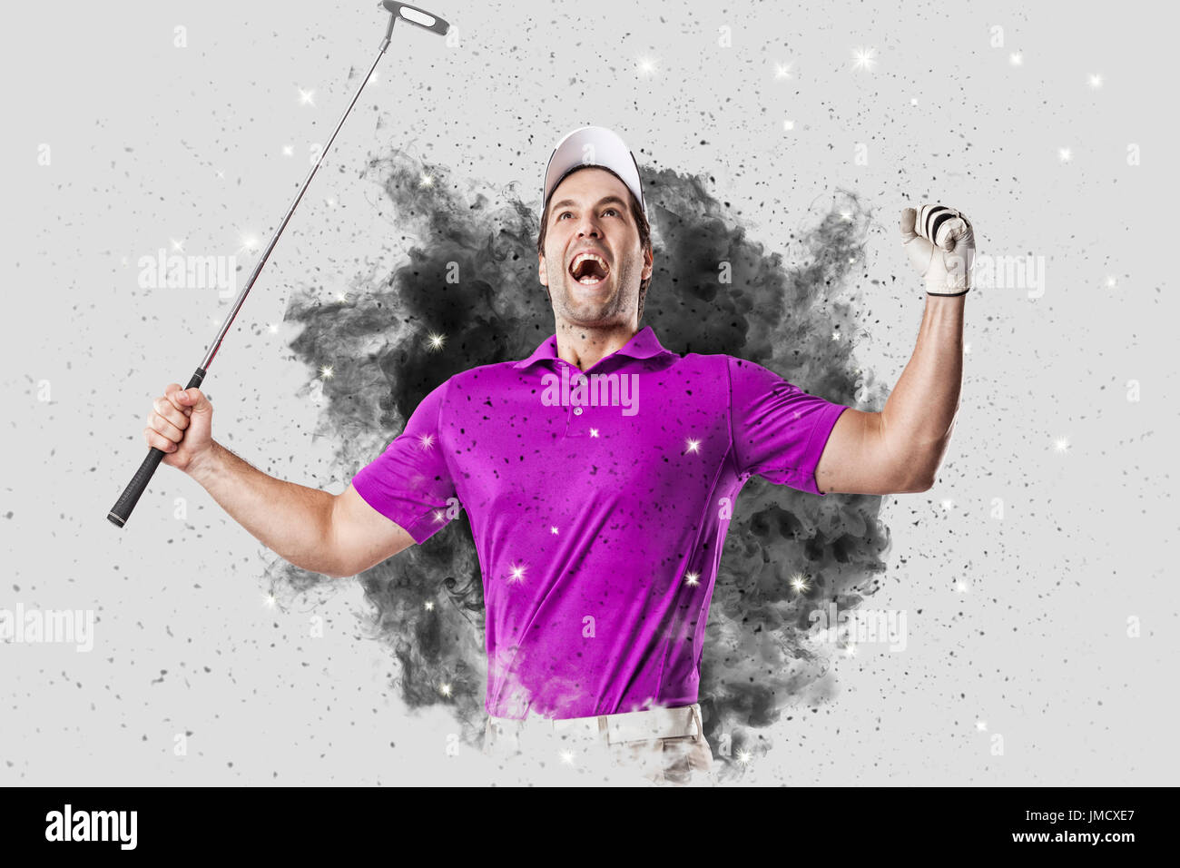 Golf Player with a pink uniform coming out of a blast of smoke . Stock Photo