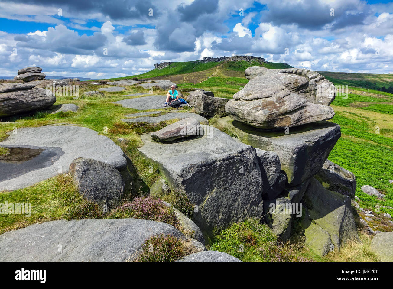 Burbage Valley, Carl Wark, Higgar Tor with summer clouds Stock Photo