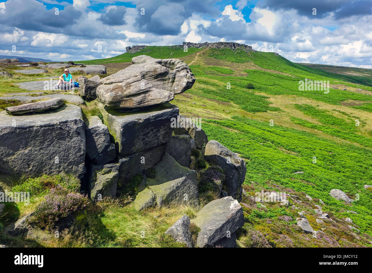 Burbage Valley, Carl Wark, Higgar Tor with summer clouds Stock Photo