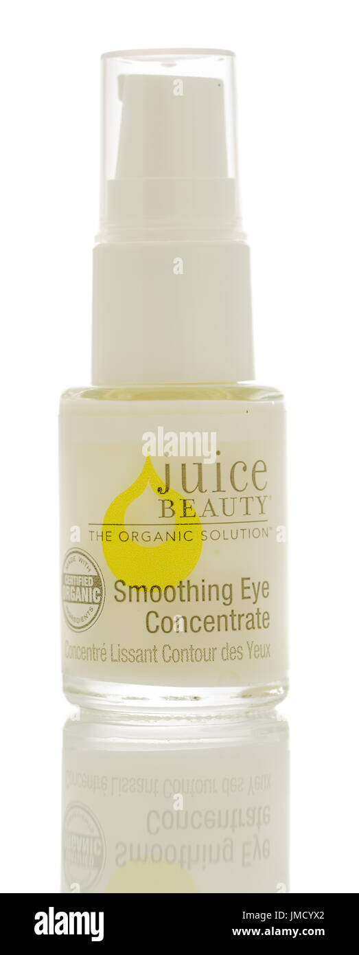 Winneconne, WI - 26 July 2017: A bottle of Juice Beauty organic solution smoothing eye concentrate on an isolated background. Stock Photo