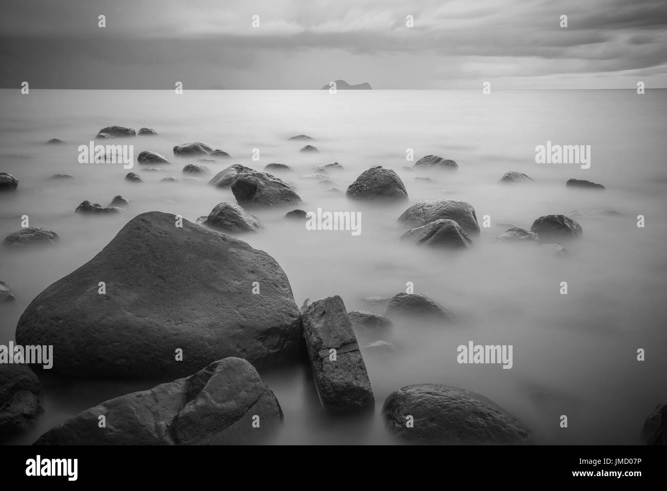 Black and white landscape photography of evening seaside scenic view in the land of Malaysia Stock Photo