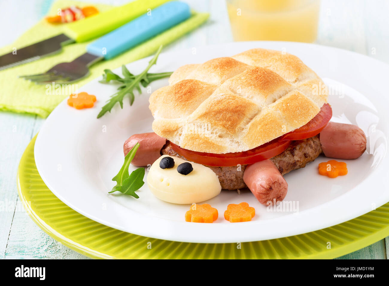 Fun food for kids cute turtle shaped burger or creative hamburger for children made of ground