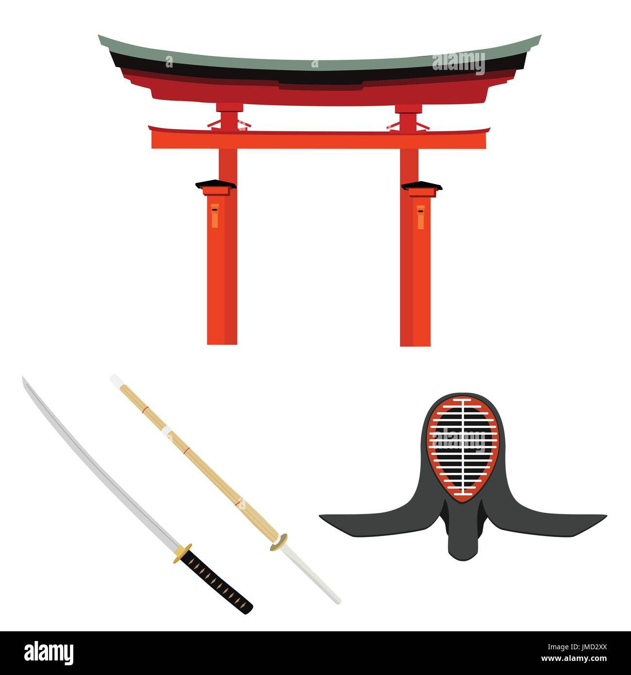 Vector illustration japan symbols. Torii gate, kendo sword and helmet. Bamboo batlle sword. Traditional japanese martial art Stock Vector