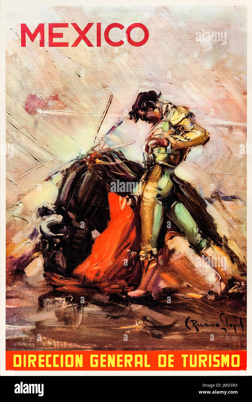‘Mexico – Direccion General de Turismo’ Tourism Poster released circa 1959 by the Mexican Secretary of Tourism featuring a painting of a Matador and bull by Spanish artist Carlos Ruano Llopis (1879-1950). Stock Photo