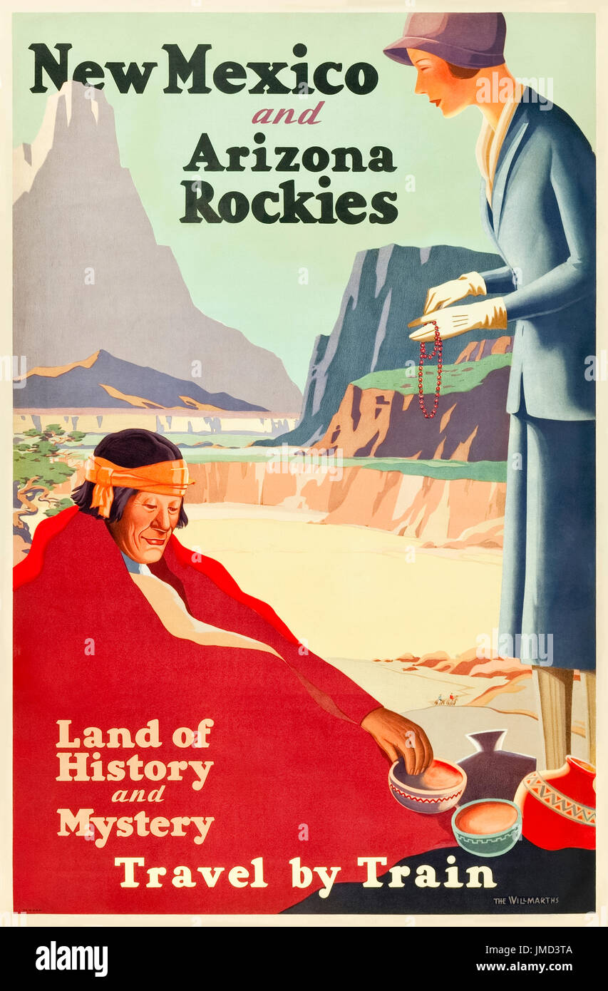 ‘New Mexico and Arizona Rockies – Land of History and Mystery, Travel by Train.’ 1925 Union Pacific Railways Tourism Poster featuring tourist purchasing craft ware from a Native American. Artwork by Kenneth and William Willmarth. Stock Photo