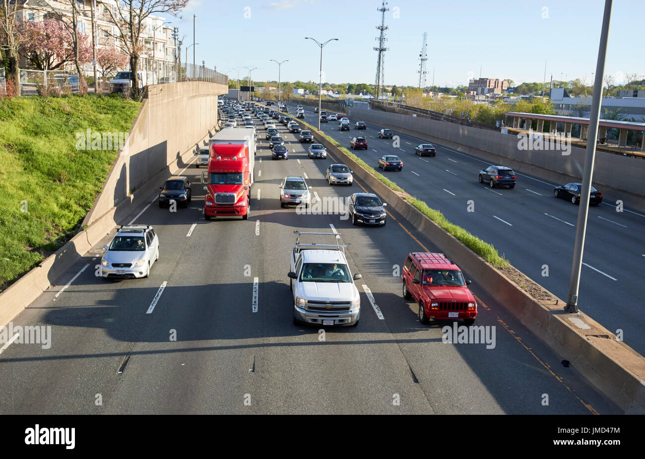 busy morning commuter traffic on interstate 93 us route 1 into Boston USA Stock Photo