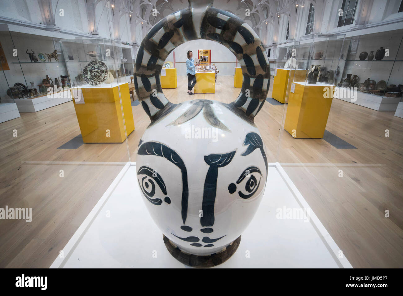 Gallery employee Lauren Masterman during a preview for the new exhibition, Picasso: Ceramics from the Attenborough Collection, showcasing highlights from Lord Richard Attenborough's collection; the most significant private collection of Picasso ceramics in the UK, at York Art Gallery. Stock Photo