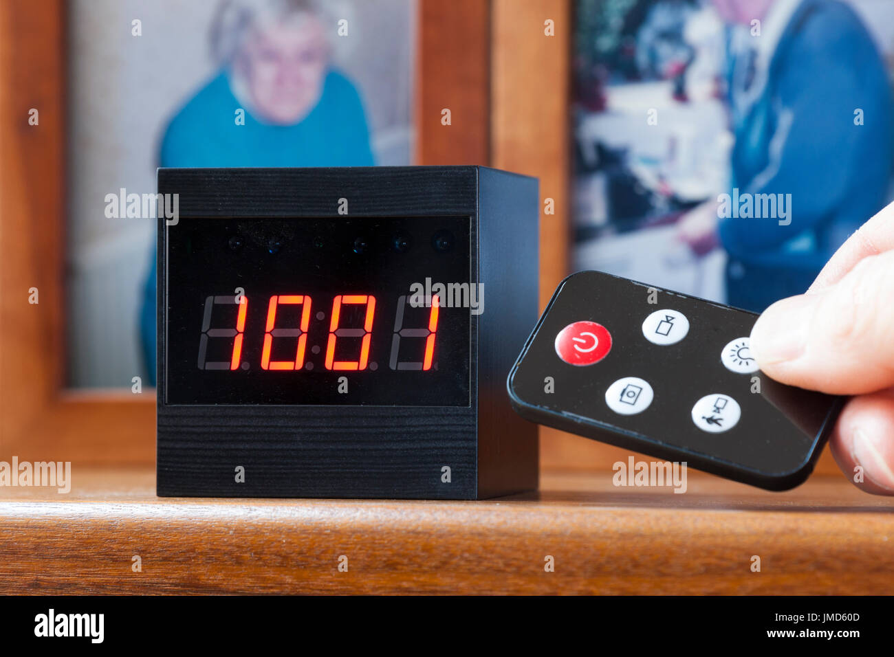 Secret spy camera hidden in a digital clock of the sort used to monitor