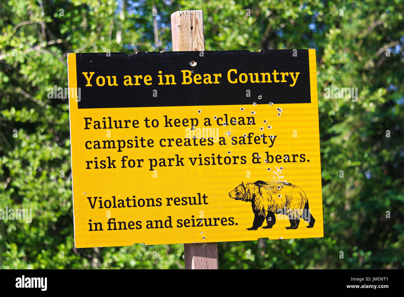 A bullet riddled yellow you are in bear country warning sign. Stock Photo