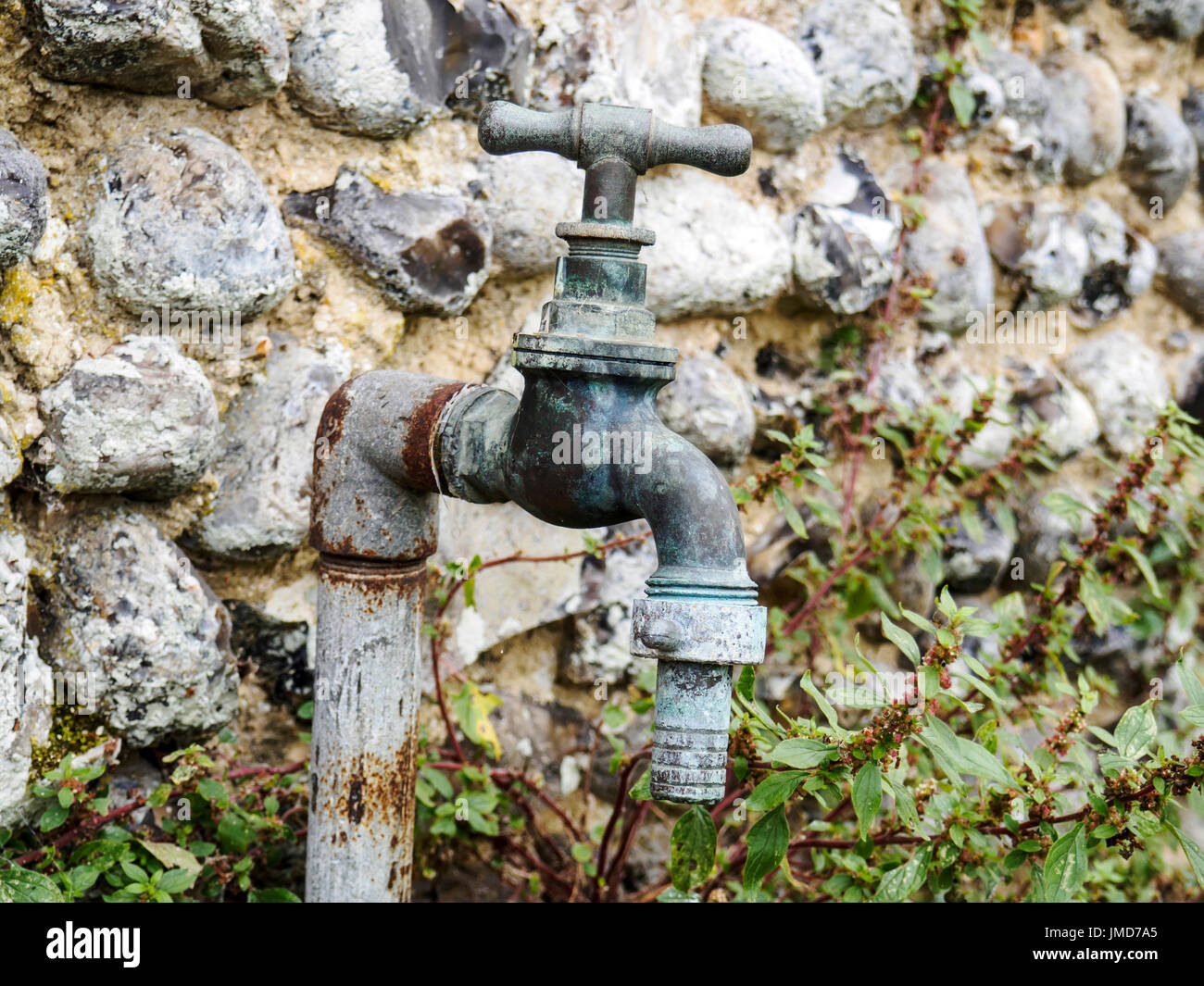 A garden standpipe with a flint wall behind in a walled garden Stock Photo