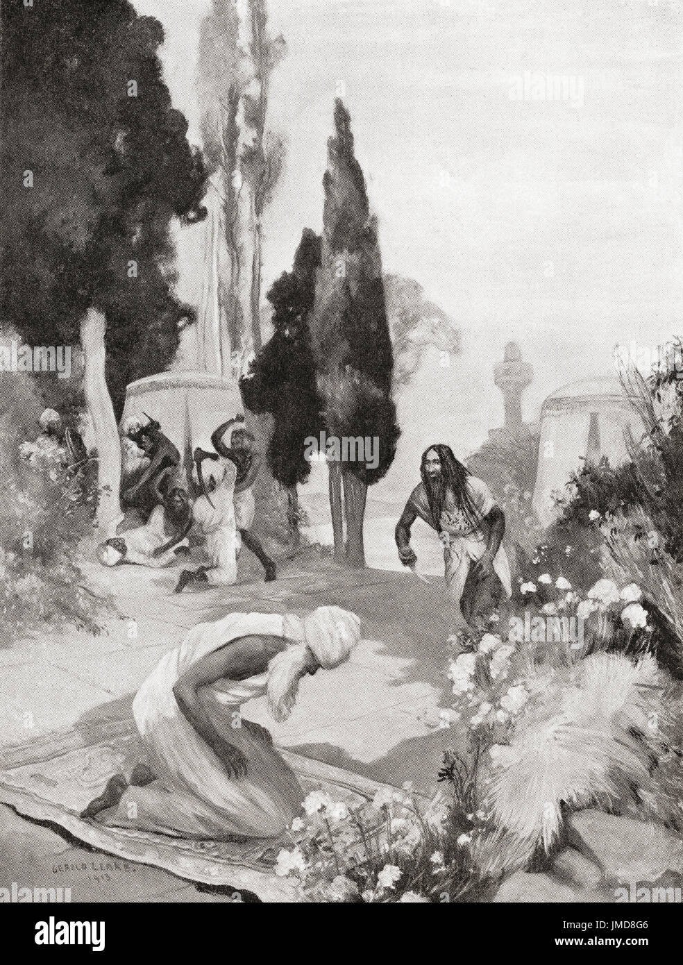 The assassination of Muhammad Ghori whilst at evening prayer, 1206.   Mu'izz ad-Din Muhammad Ghori, born Shihab ad-Din, 1149 – 1206, aka  Muhammad of Ghor.  Sultan of the Ghurid Empire.   From Hutchinson's History of the Nations, published 1915. Stock Photo