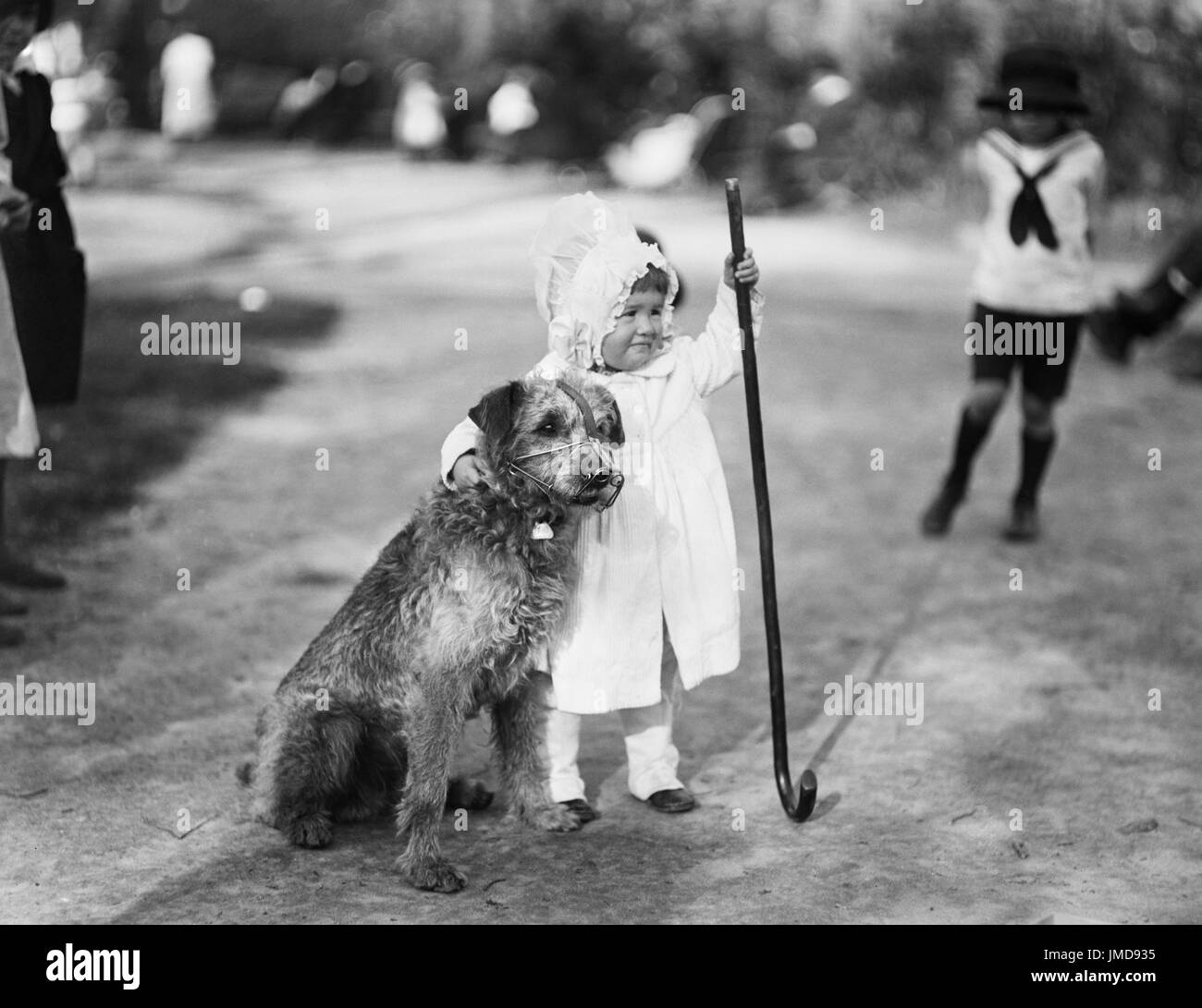 Young Girl with Dog in Park, Harris & Ewing, 1920 Stock Photo