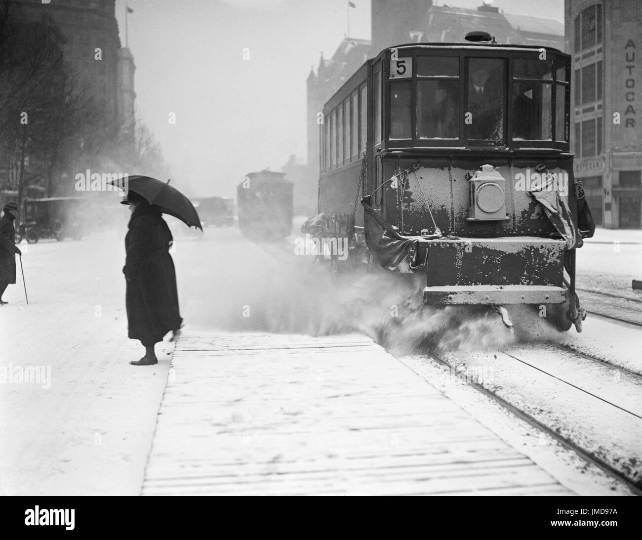Trolley Car in Snow, Washington DC, USA, Harris & Ewing, 1923 Stock Photo