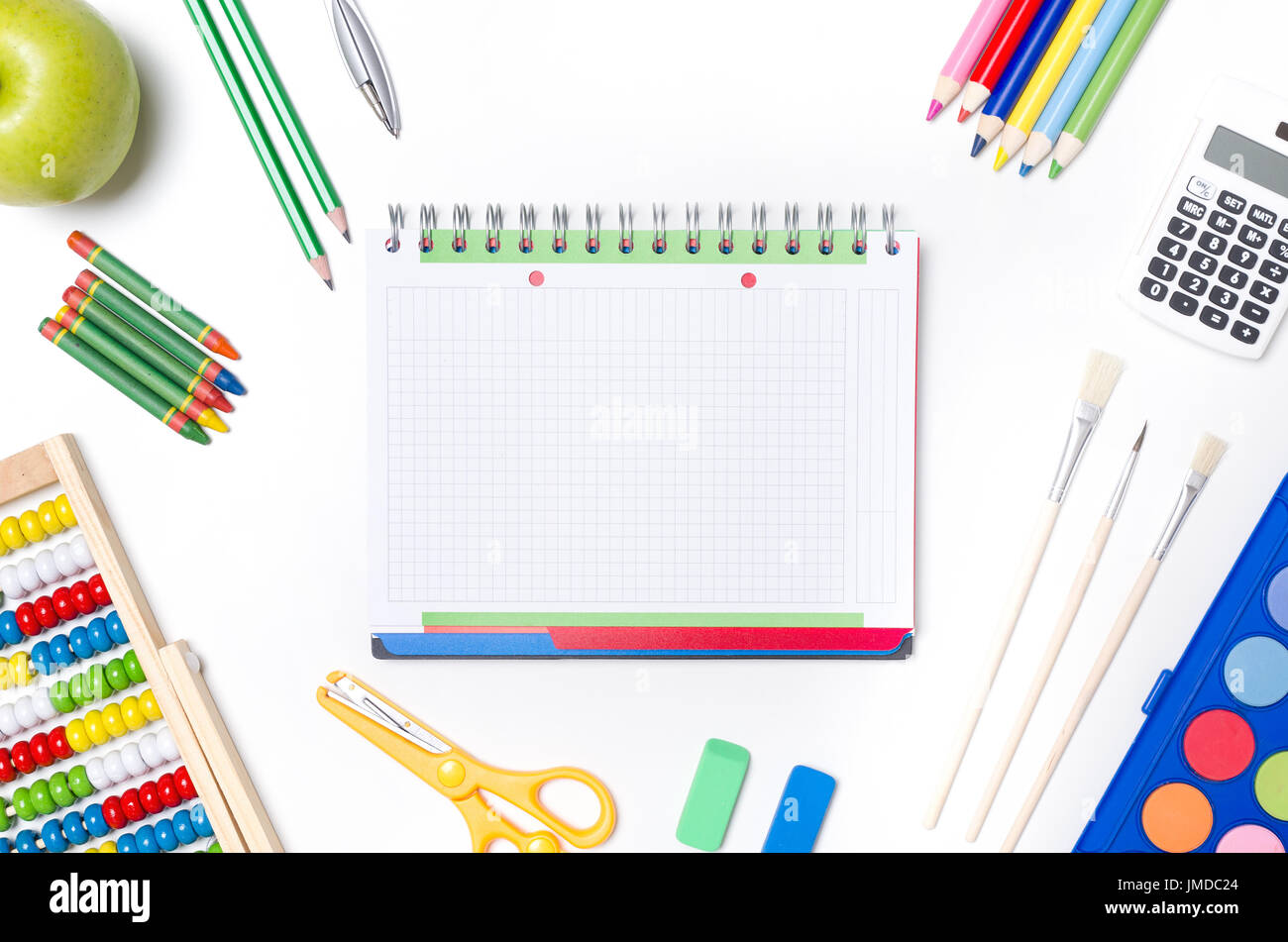 Back to school supplies composition. school desktop pencil background supplies education workspace table concept Stock Photo