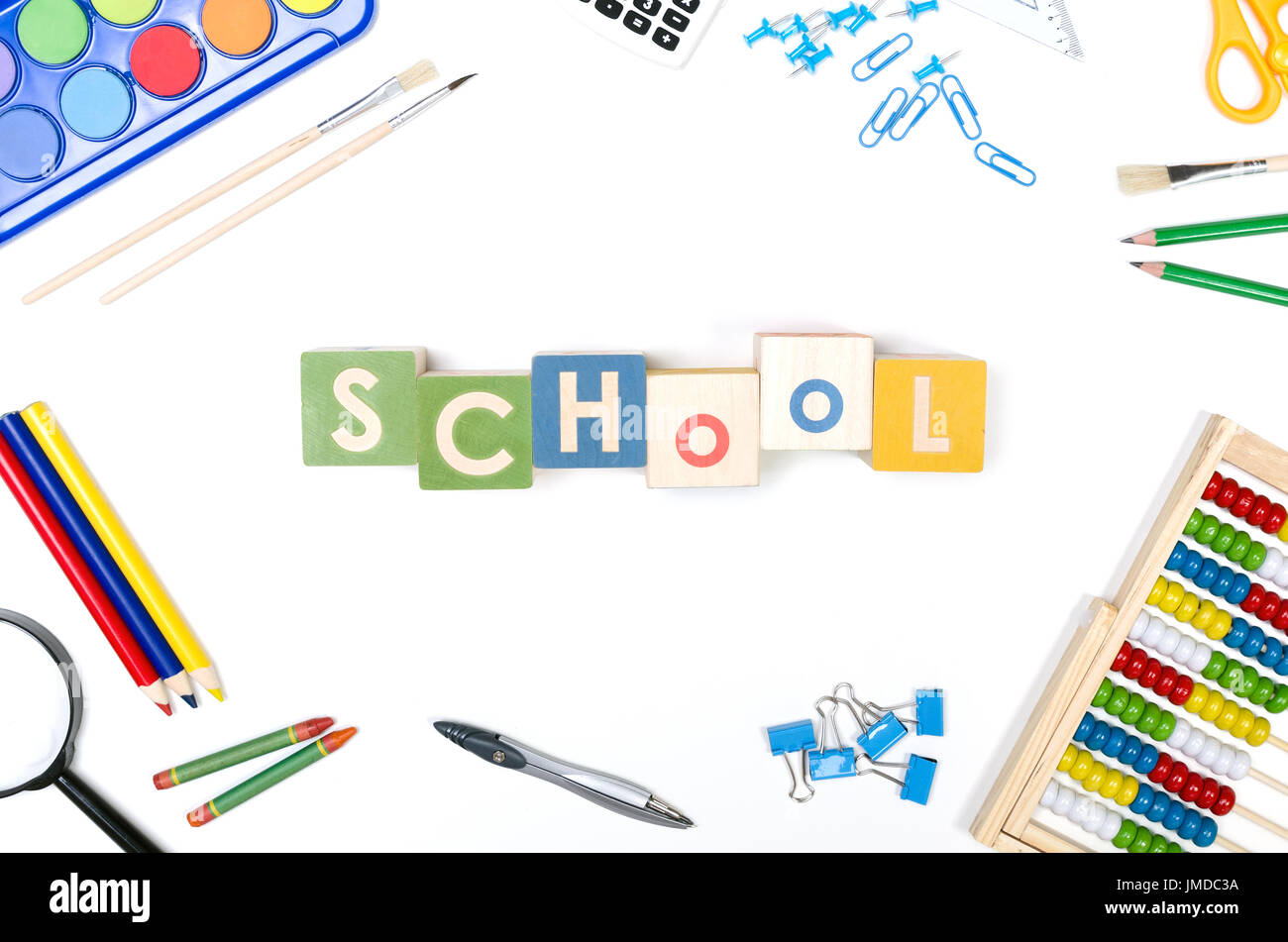 School supplies isolated on white background. Back to school concept Stock Photo