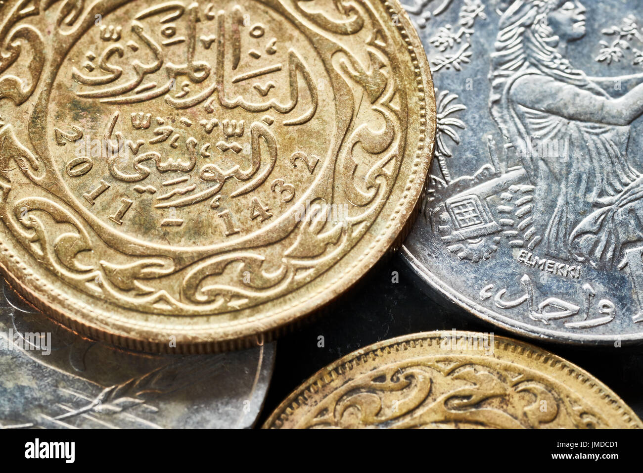 Close up picture of Tunisian dinars, shallow depth of field. Stock Photo