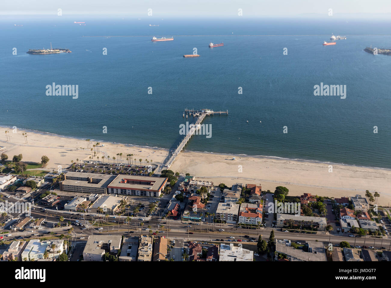 Aerial view of Belmont Pier and the Pacific Coast in Long Beach, California. Stock Photo
