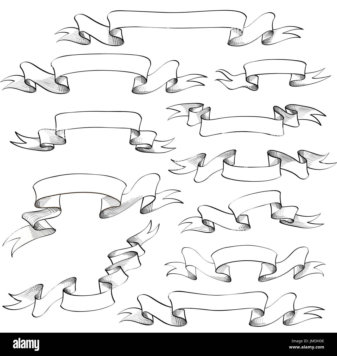 Vintage ribbon banners, engraved hand drawn set for scrapbook and