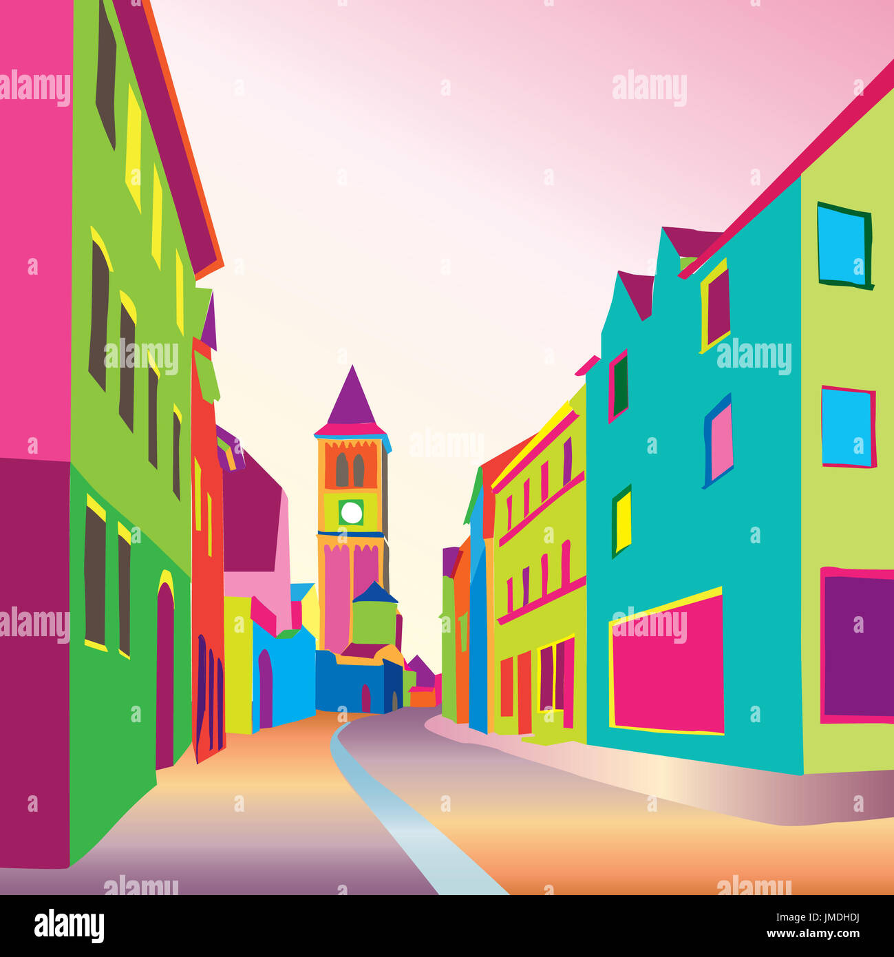 Funky journey. Pedestrian street in European city. Colorful panorama city vector background in 1960s pop art style. Stock Photo