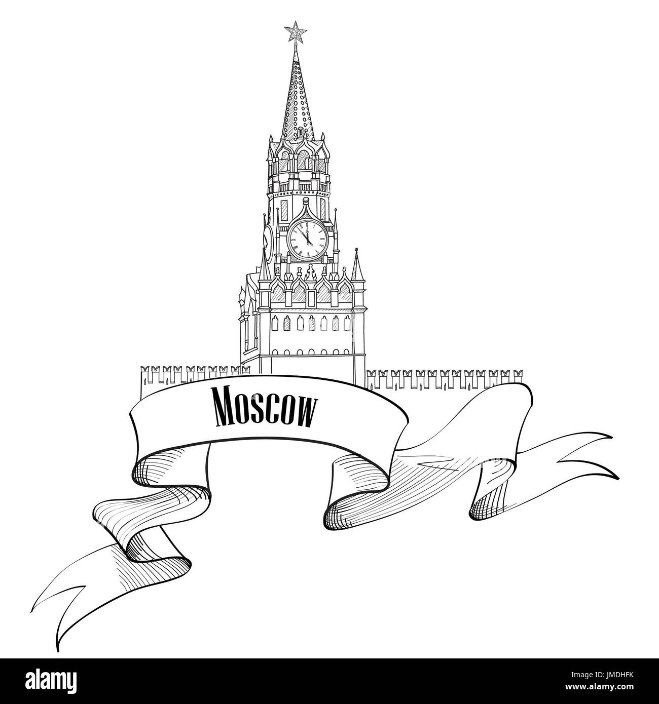 Spasskaya tower, Red Square, Kremlin. Moscow City Label. Travel Russia icon vector hand drawn illustration. Stock Photo