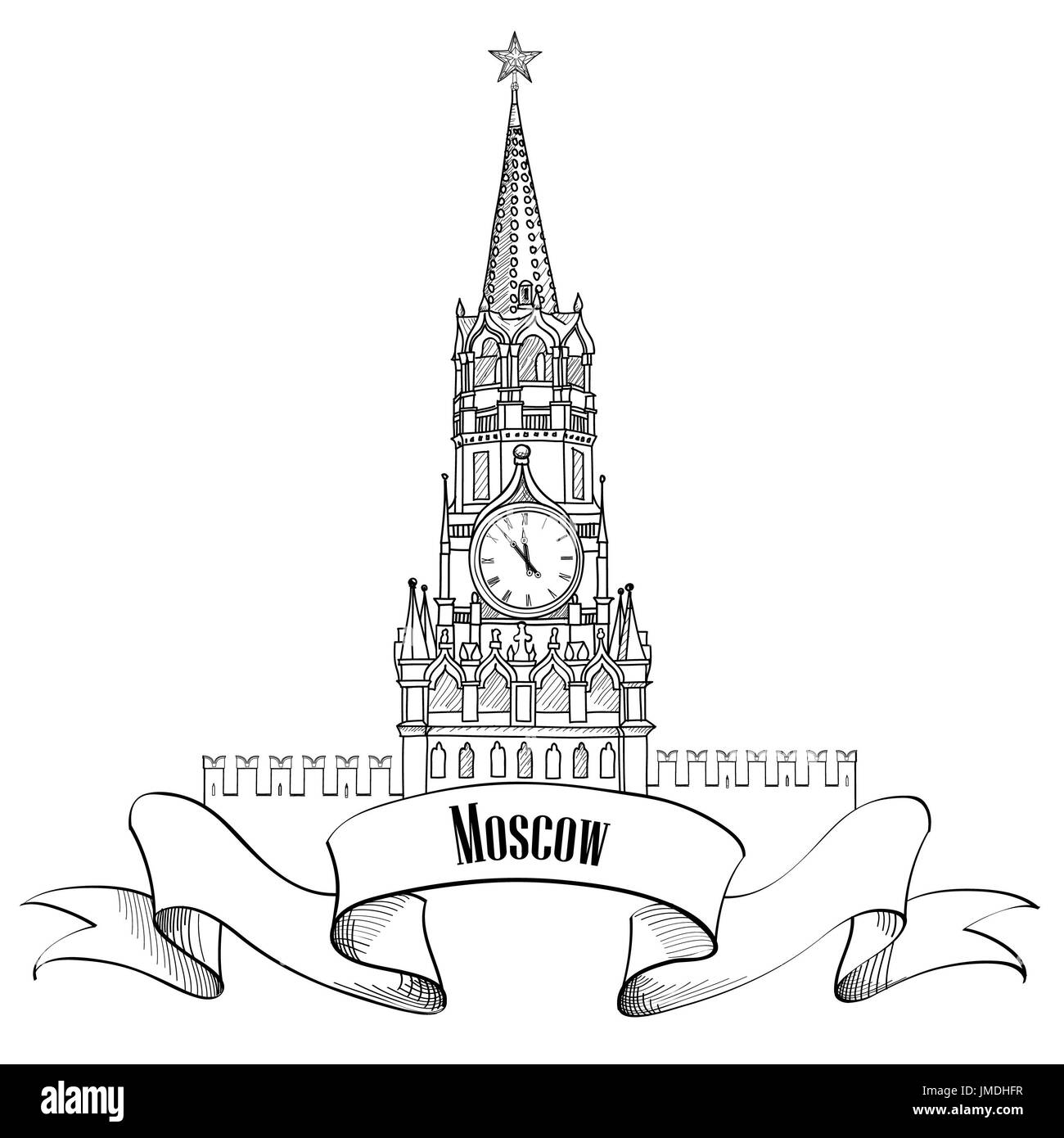 Spasskaya tower, Red Square, Kremlin, Moscow, Russia. Moscow City Label. Travel icon vector hand drawn illustration. Stock Photo