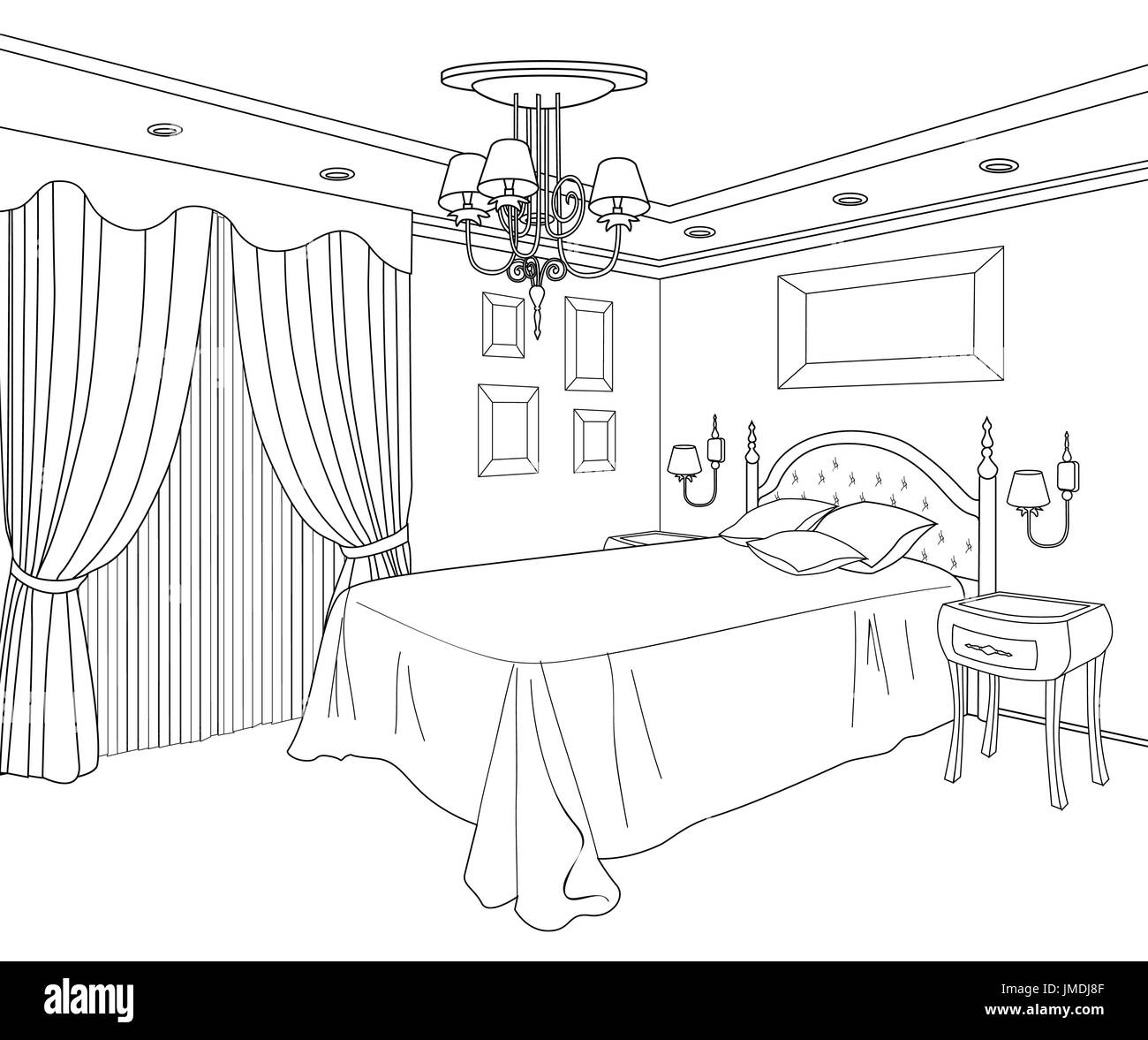 Bedroom Furniture Doodle Line Sketch Of Home Interior