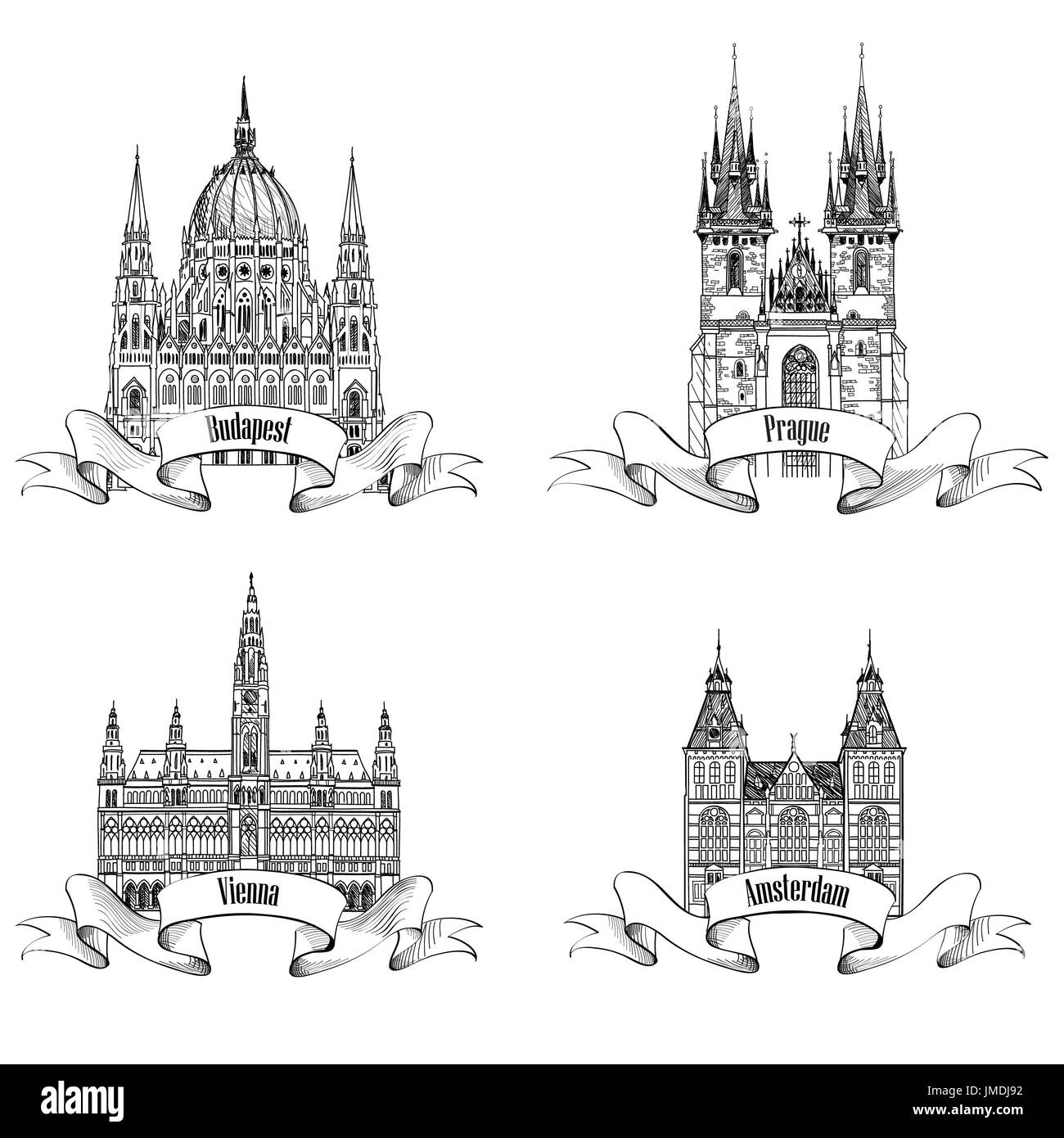 Famous European capital city buildings. Landmarks engraving. Travel Europe symbol set. Prague, Vienna, Amsterdam, Budapest city signs. Stock Photo