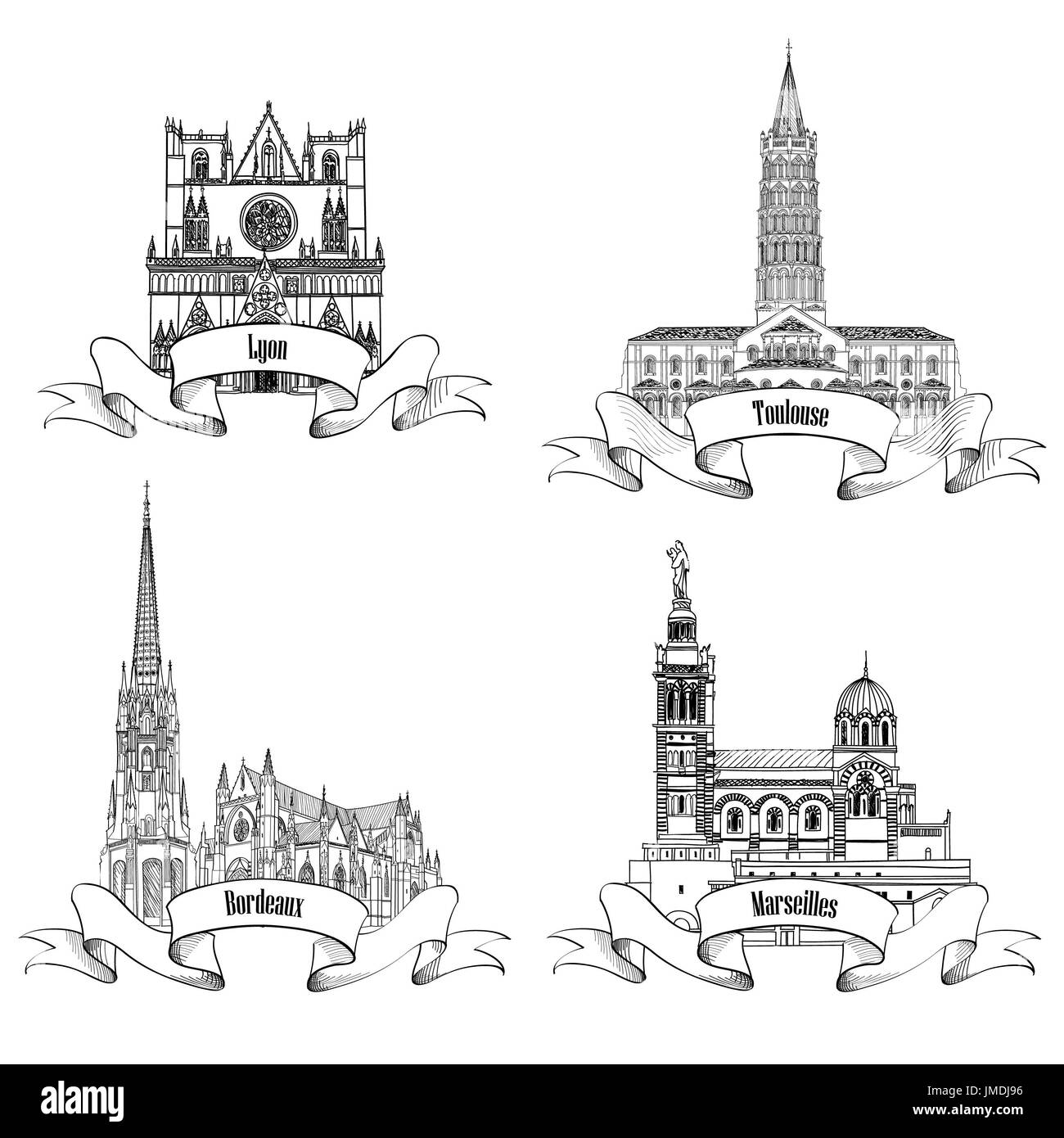 French famous buildings and landmarks. Hand drawn French city label set. Roman architecture. Travel France symbol collection. Bordeaux, Toulouse, Lyon Stock Photo