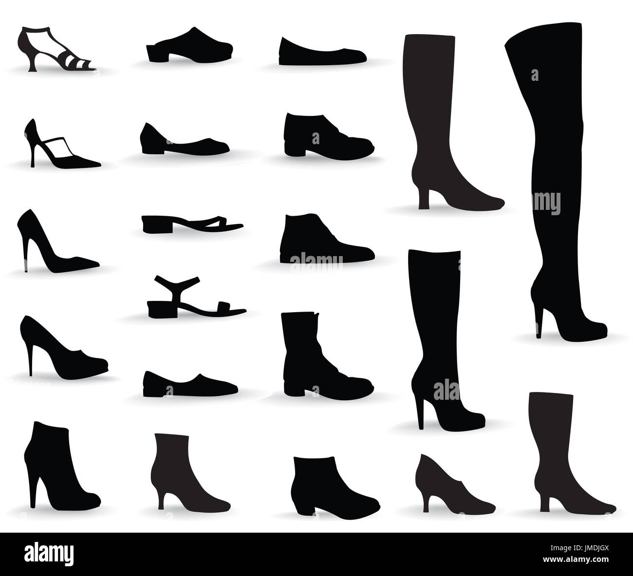 Shoes icon set. Fashion footwear boots silhouettes collection Stock Photo