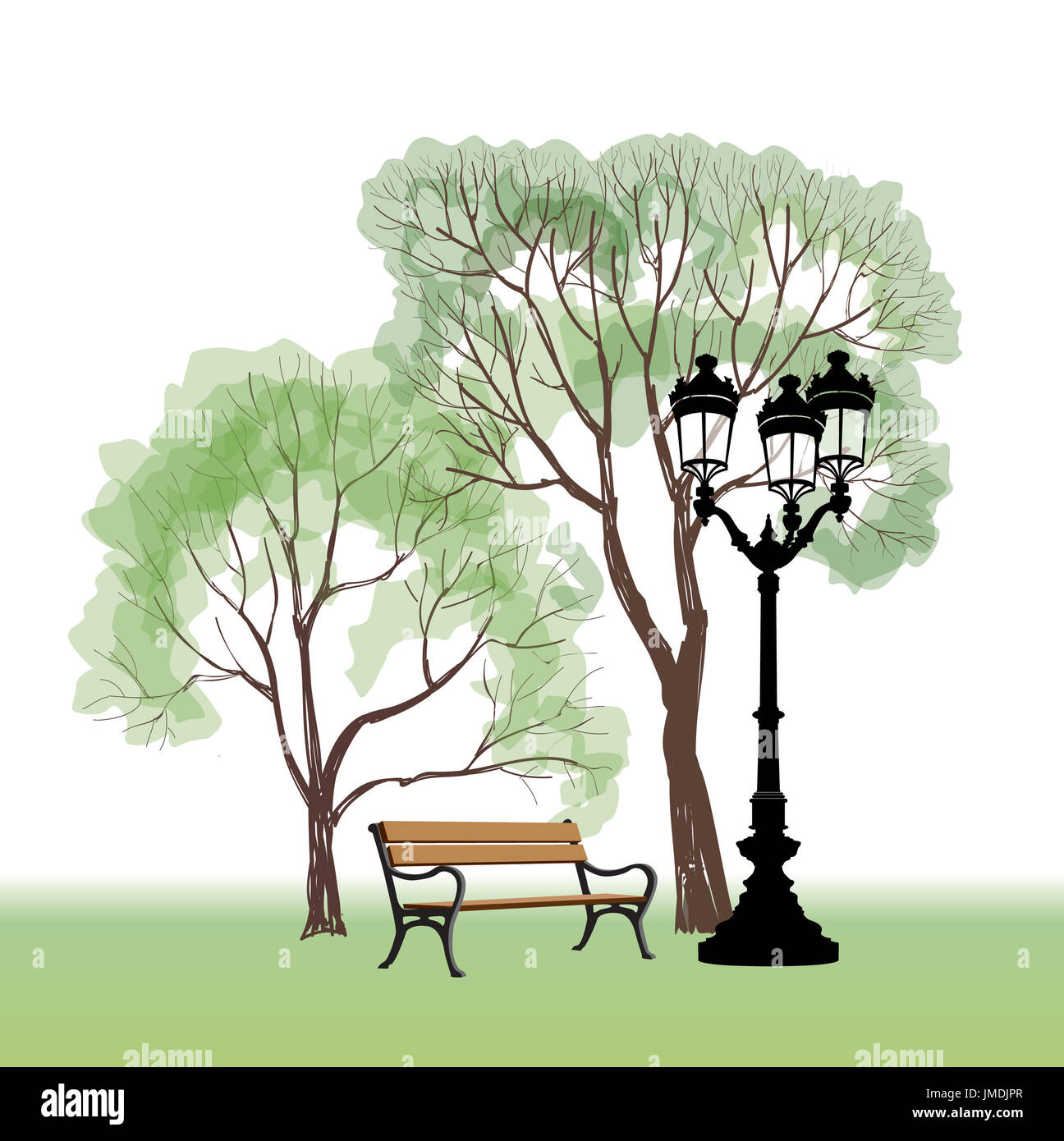 Bench in park with tree and streetlamp. City park landscape. Vector