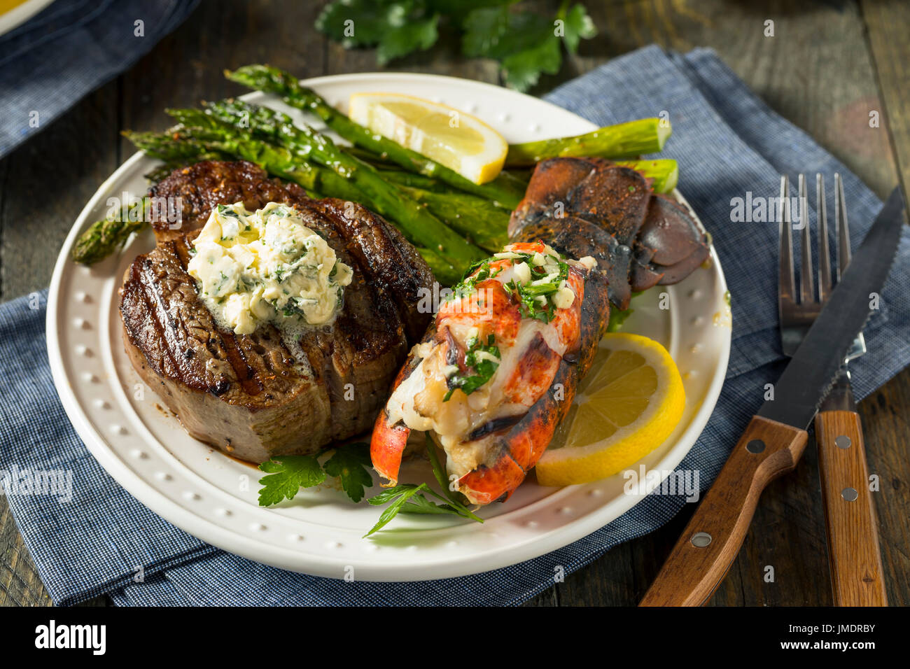 Homemade Steak and Lobster Surf n Turf with Asparagus Stock Photo