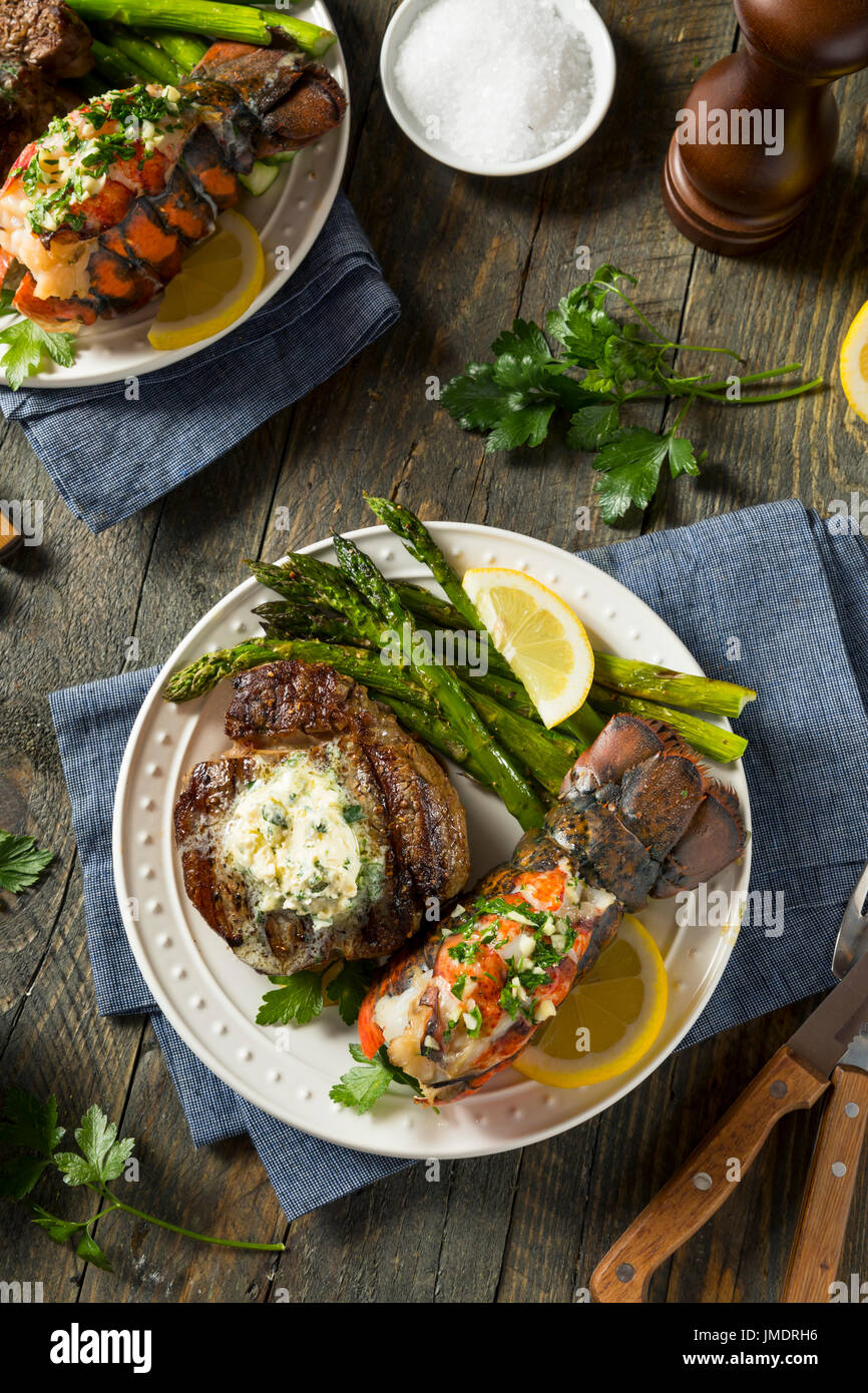 Homemade Steak and Lobster Surf n Turf with Asparagus Stock Photo