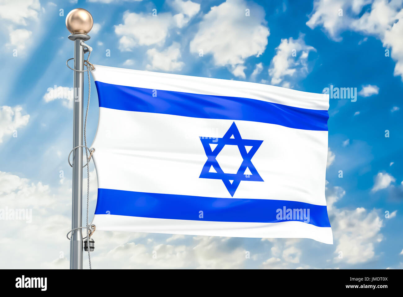 Israeli flag waving in blue cloudy sky, 3D rendering Stock Photo - Alamy