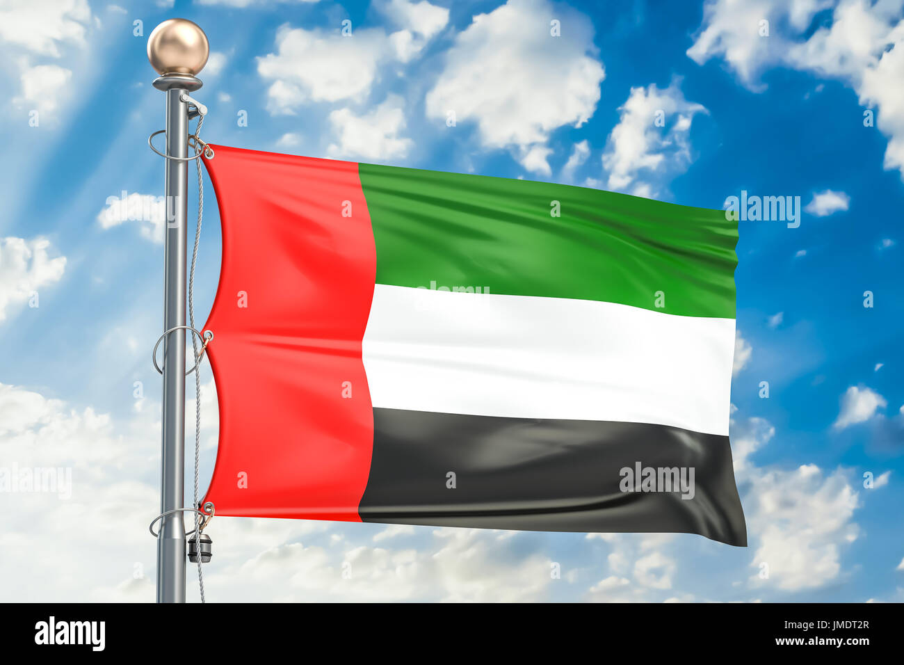 UAE flag waving in blue cloudy sky, 3D rendering Stock Photo