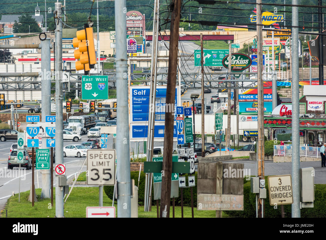 Road signs on strip in Breezewood Stock Photo Alamy