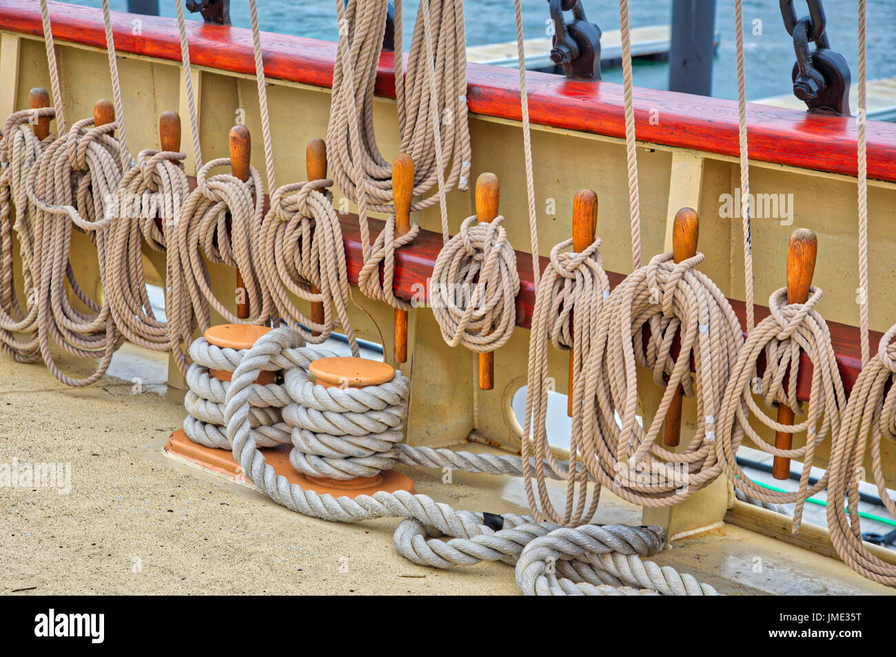 Oliver Hazard Perry, Newport, RI. Sailboat, ropes and guys, sheets Stock Photo