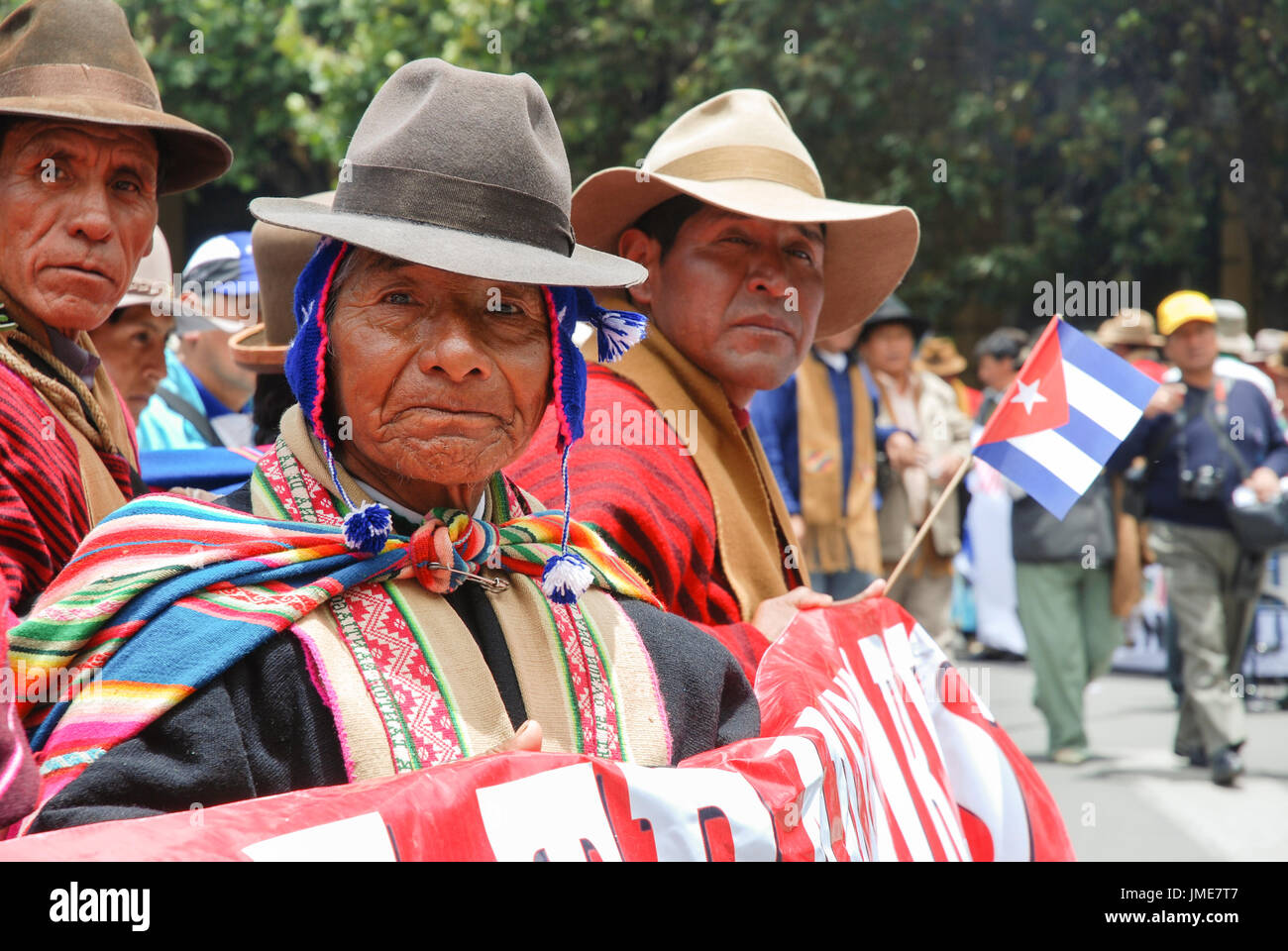 Bolivian men in traditional costumes during the celebration of plurinational state foundation day, La Paz, Bolivia, South America Stock Photo