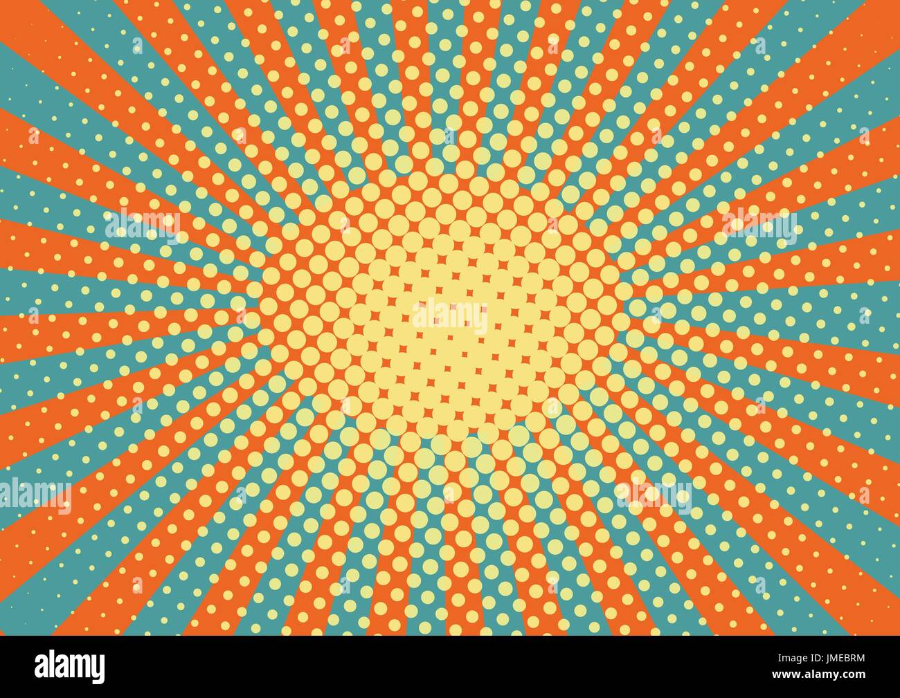 Orange, yelow and blue rays and dots pop art background. retro vector