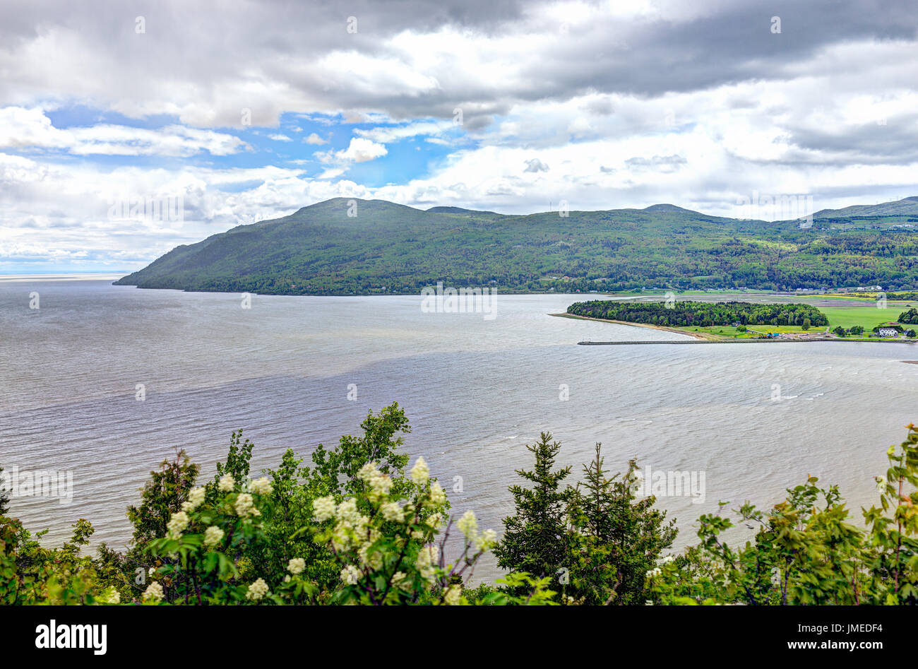 BaieSaintPaul in Quebec, Canada cityscape or skyline with mountains