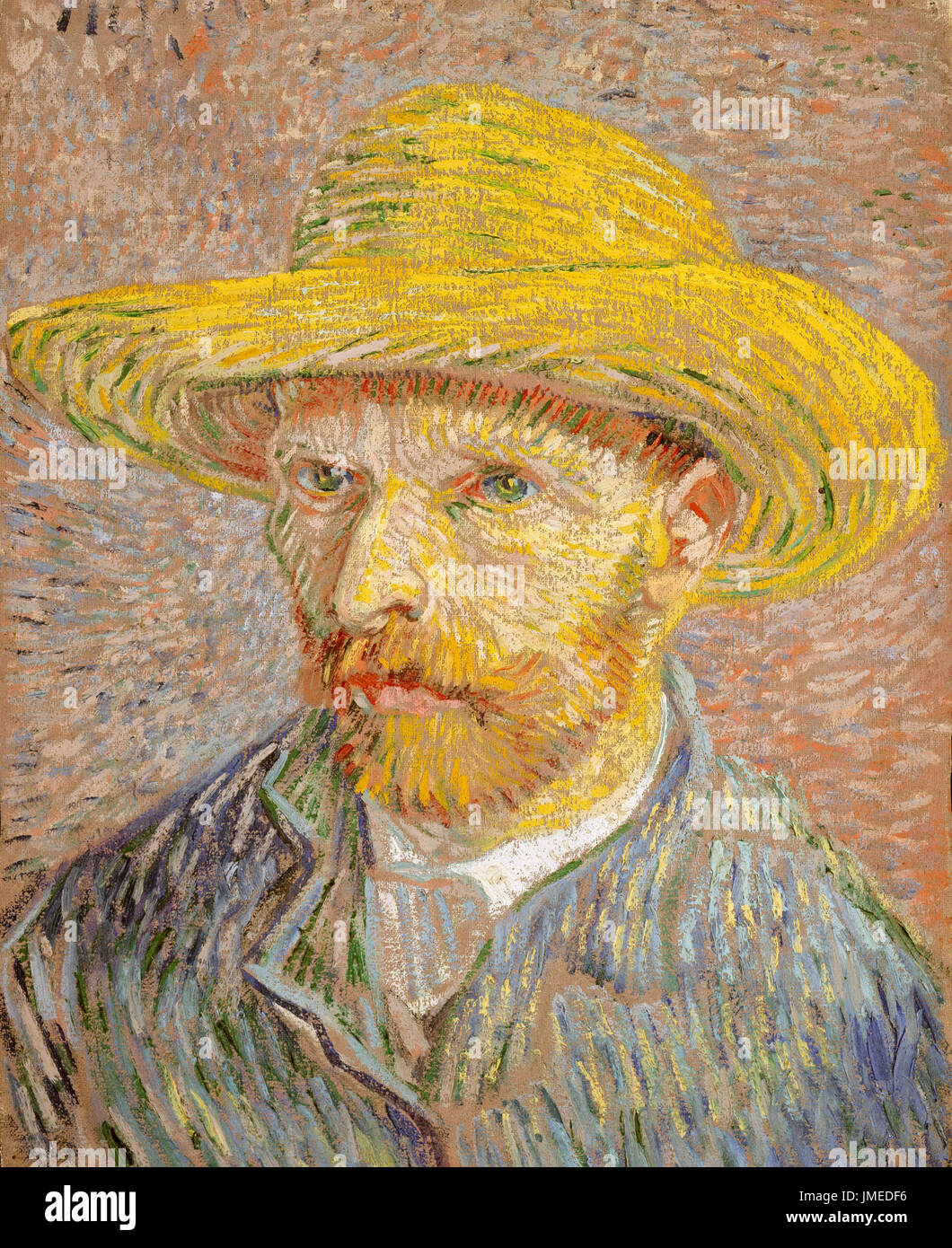 Vincent van Gogh's 'Self-Portrait with a Straw Hat' oil painting on canvas from 1887. Van Gogh's 'The Potato Peeler' is on the obverse of this portrait. Stock Photo