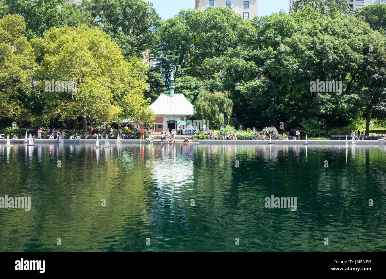 Kerbs Memorial Boathouse and Conservatory Water for model sailboats in central Park in New York City Stock Photo